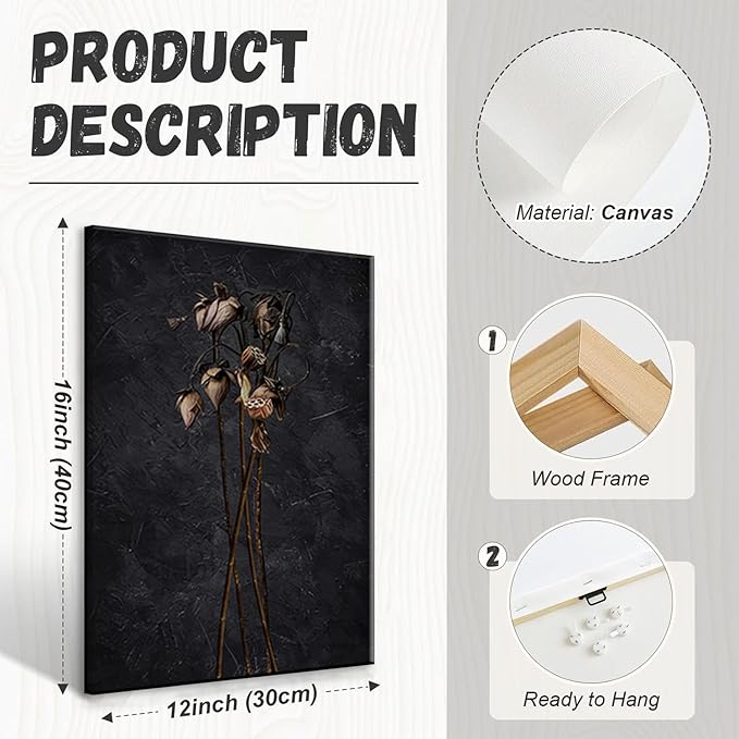 LYPHNX Framed Dark Moody Wildflowers Canvas Wall Art Black Vintage Dried Floral Wilderness Botanical Painting Poster Set of 3 Nature Prints Picture Wall decor for Living Room Bedroom Office 12"x16"