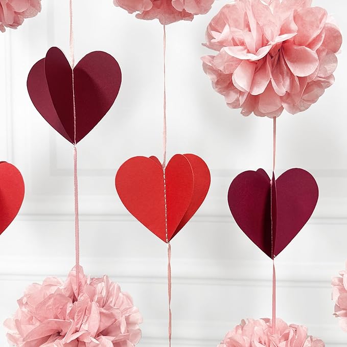Dusty Rose Pink Party Decoration Tissue Flowers Pom Pom with Burgundy Red 3D Heart Hanging Paper Garland Banner Streamer for Valentines Day Birthday Baby Shower Wedding Bridal Shower Party Supplies