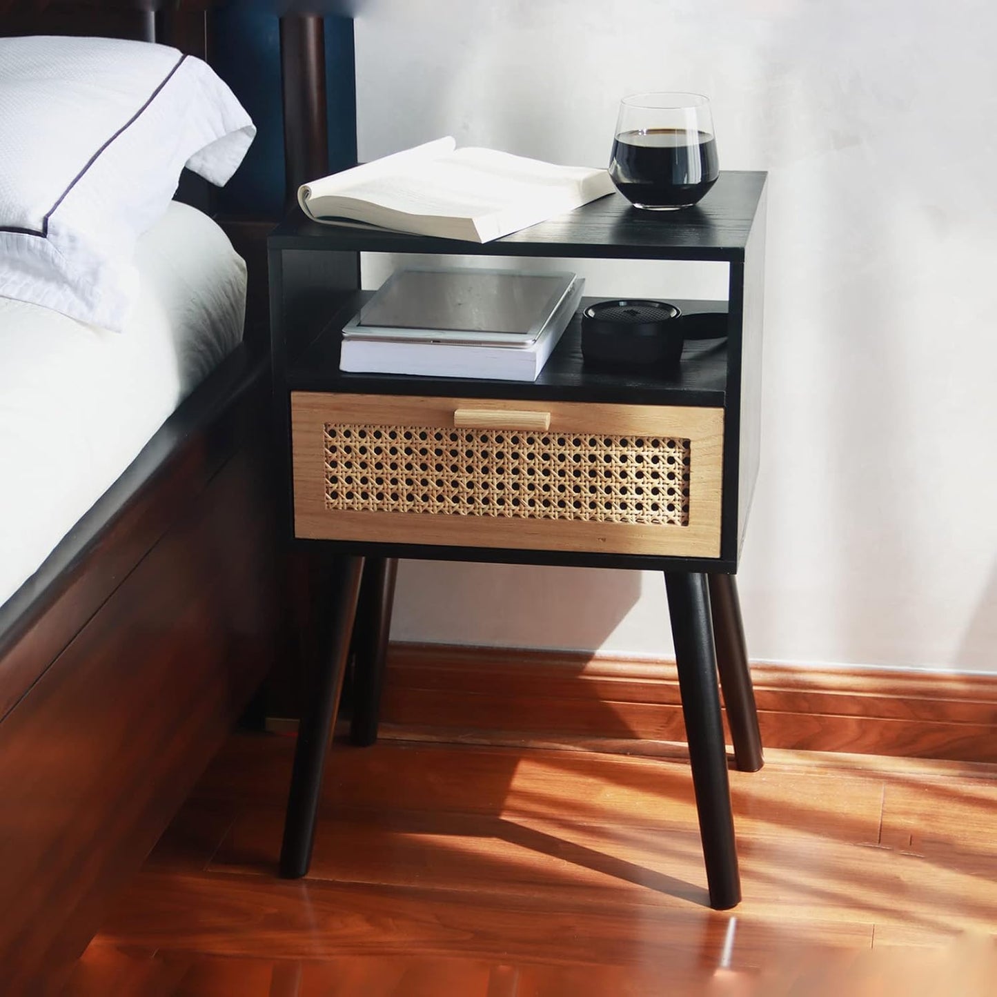 MaxSmeo End Table with Storage Mid Century Nightstand with Rattan Drawer and Shelf, Wood Small Side Coffee Table for Small Space, Living Room and Bedroom, Easy Assembly (Black)