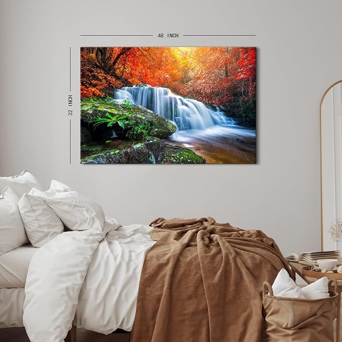 Autumn Red Forest Wall Art Nature Waterfall Wall Decor Forest River Landscape Pictures National Park Posters Rustic Trees Canvas Prints Painting Artwork for Bedroom Living Room Home Decoration 32x48"