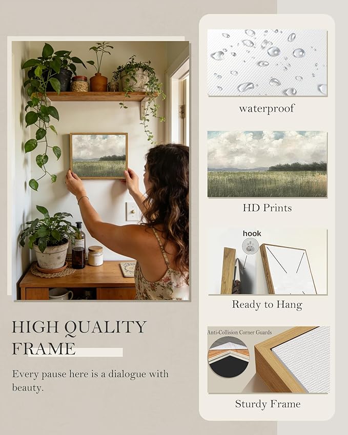 SHENIFY Vintage Landscape Framed Wall Art Country Meadow Scenery Farmhouse Decor Retro Painting for Living Room Bedroom Ready to Hang Wall Artwork - 8x10in Natural Framed