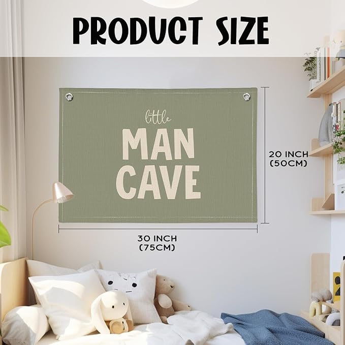 Little Man Cave Banner, Boys Room Decor, Sage Green Linen Canvas Banner Wall Hanging Flag Decor for Toddler Boy Nursery Playroom
