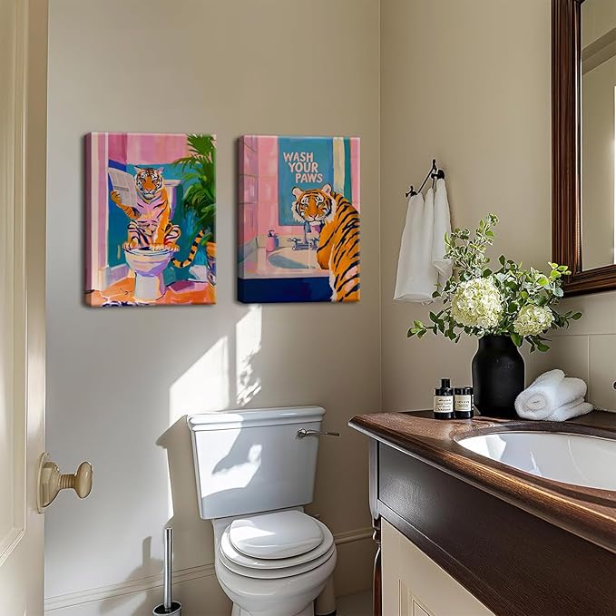 Funny Tiger Bathroom Wall Art Set of 3 Whimsical Tiger in Bathtub Canvas Wall Decor Painting Maximalist Animal Bathroom Poster Print Aesthetic 16x24 inch Framed