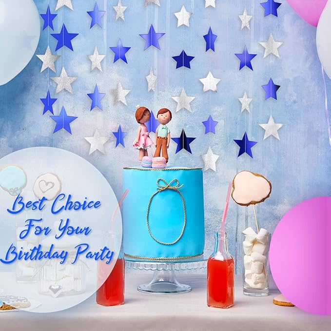 Patelai Glitter Star Garland Banner 2026 Graduation Decor 130 Feet Star Hanging Banner Twinkle Backdrop for Party Birthday Classroom Wedding Supplies(Ocean Blue, Glitter Silver)