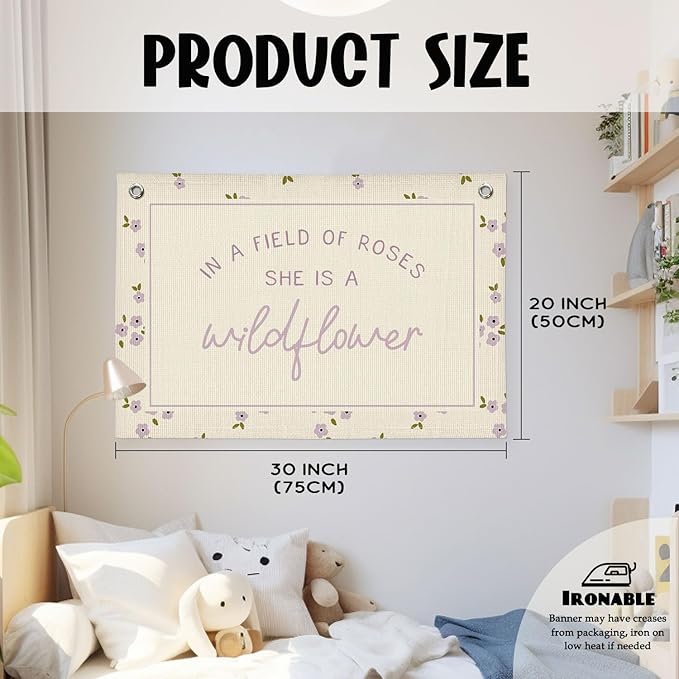 Wildflower Nursery Decor, Girls Room Decor - In a Field Full of Roses She Is a Wildflower Pink Linen Banner Flag for Little Girl Baby Girl - Purple Wildflower