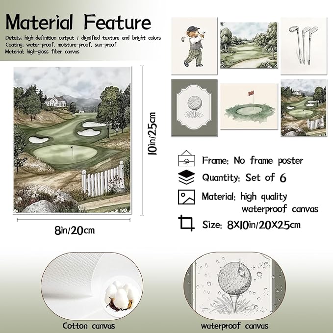 Mynotix Golf Nursery Canvas Poster Set of 6, Vintage Baby Boy Golf Sport Wall Art Teddy Bear Sage Green Kids Wall Decor Print for Living Room Bedroom Children's Room Unframed 8x10 inch