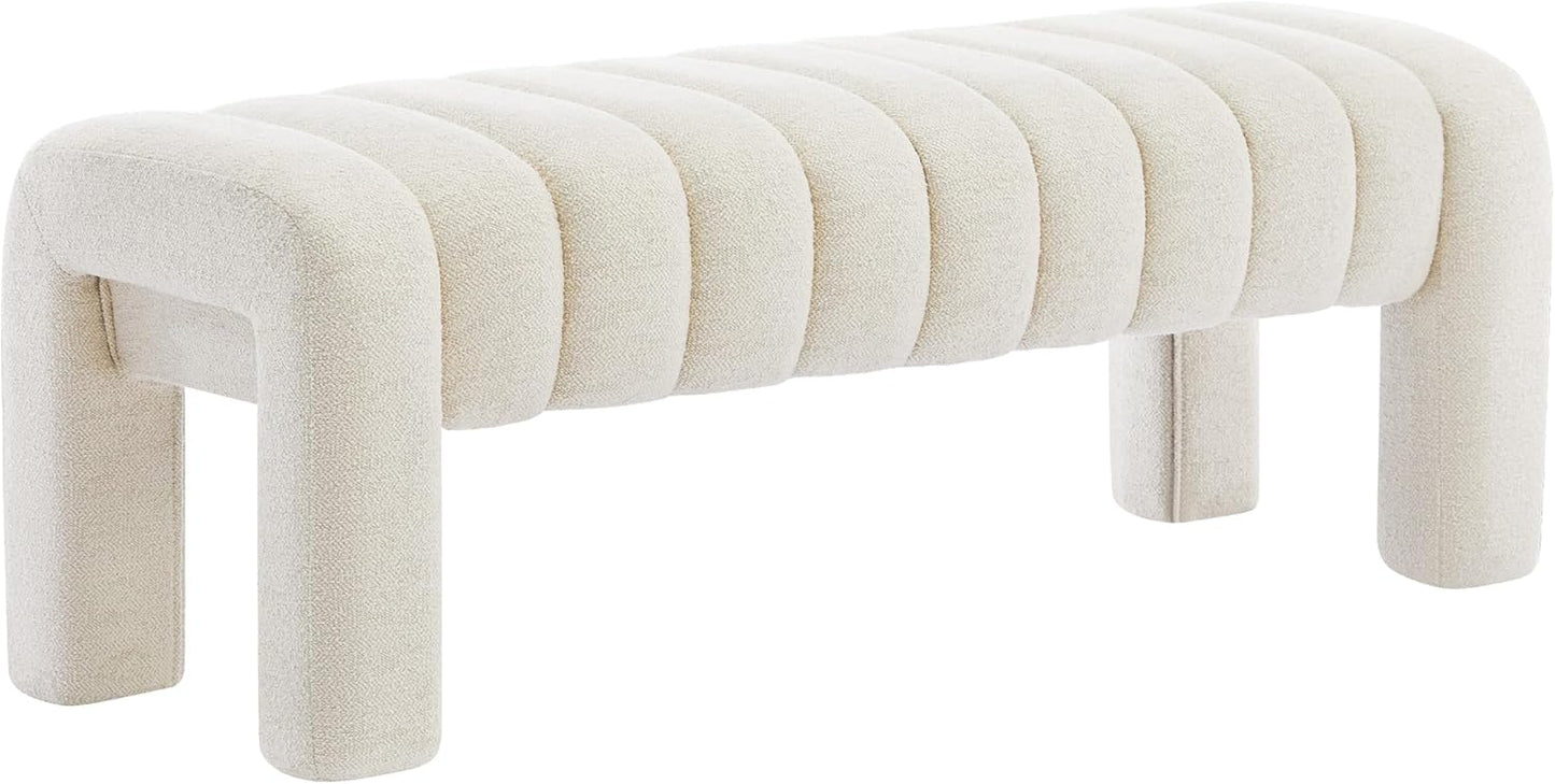 43.3" Bedroom Bench, Upholstered Entryway Bench, Modern End of Bed Ottoman with Solid Wood Legs and Adjustable Foot Pegs for Entryway, Dining Room and Living Room (Beige Linen)