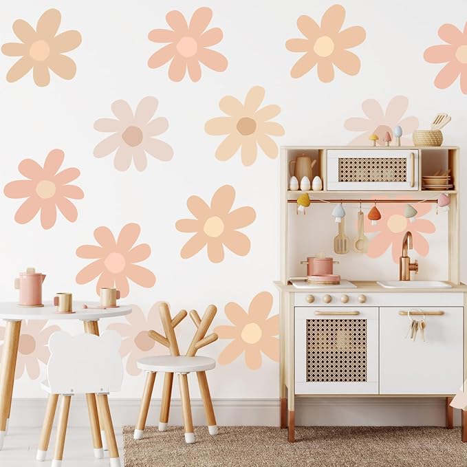TaoBary 12 Sheet Daisy Wall Sticker Decal Removable Cute Daisy Bedroom Room Decor Flower Wall Sticker Pink White Flower Decal Wallpaper Peel and Stick for Nursery Home(Light Color,Bobo Style)