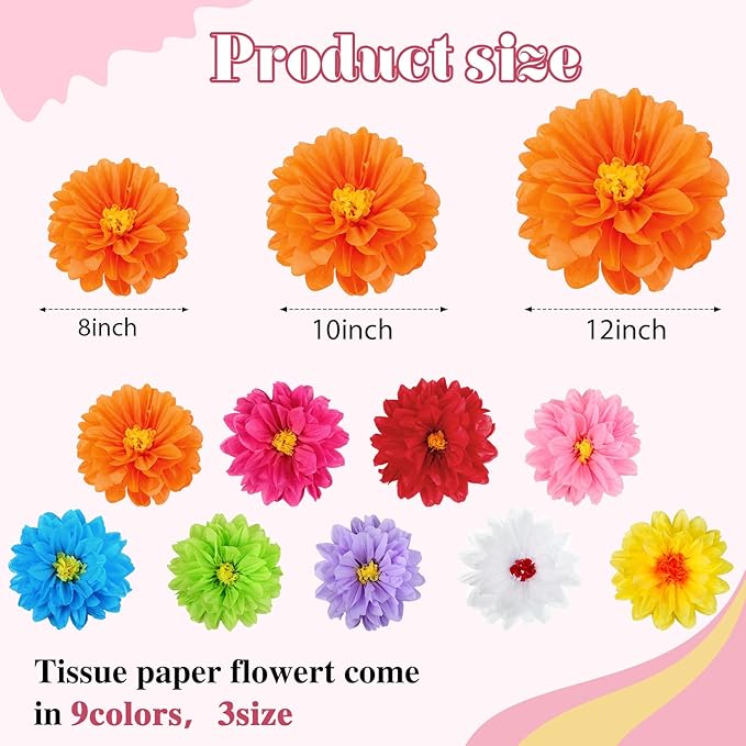 Geyee 54 Pcs Mexican Paper Flowers Fiesta Tissue Paper Flowers Colorful Crepe Flower Mexican Fiesta Party Decorations for Floral Backdrop Carnival Wedding Birthday Party Craft Wall Decor (8" 10" 12")