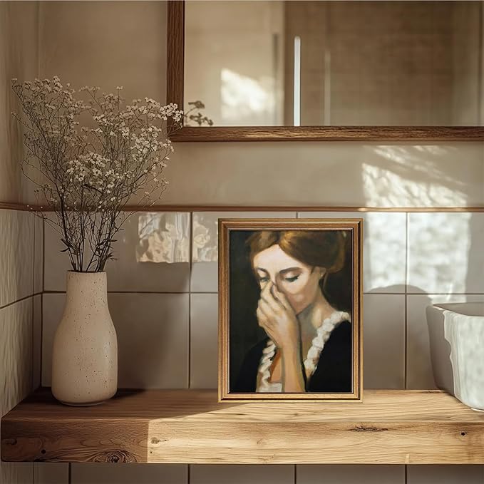 Aroutde Funny Bathroom Wall Art Vintage Gold Framed Humorous Toilet Woman Covering Nose Printing Amusing Farmhouse Wall Decor for Restroom (16L''x12W'')