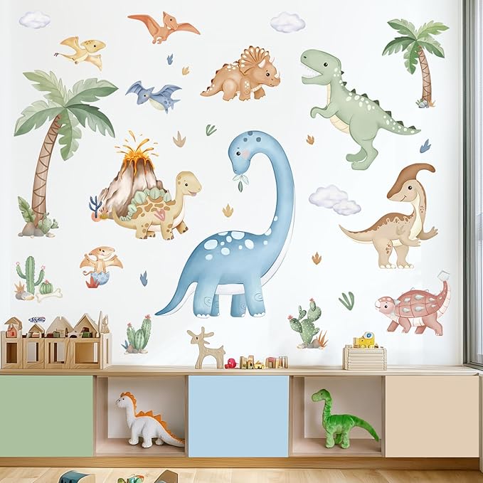 wondever Large Boho Dinosaur Wall Stickers Watercolor Dino Tropical Plants Volcano Peel and Stick Wall Art Decals for Baby Nursery Kids Bedroom Playroom