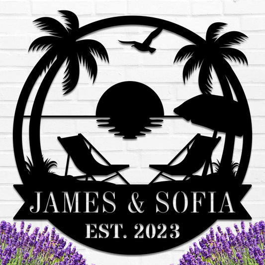 Personalized Beach Metal Monogram Sign, Custom Palm Trees Metal Name Sign, Outdoor Metal Family Name Sign, Custom Last Name Sign, Beach Coastal House Decor