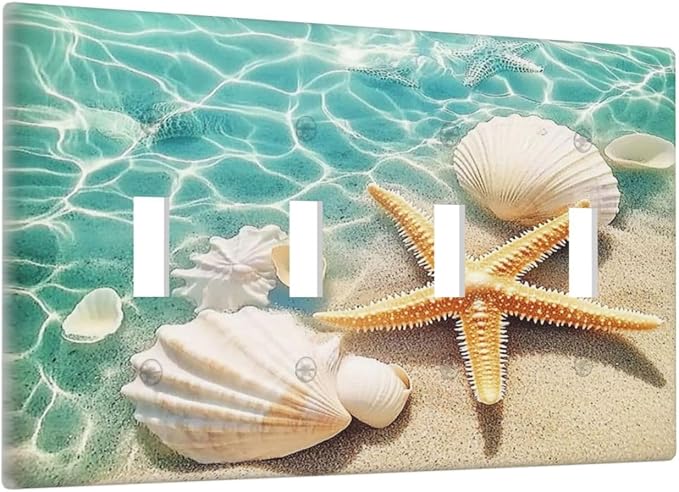 Light Switch Covers Sea Shells And Star Fish In Ocean Beach Quad Toggle Electrical Faceplate 4 Gang Wall Plate Decorative Switch Plates For Bathroom Home Decor