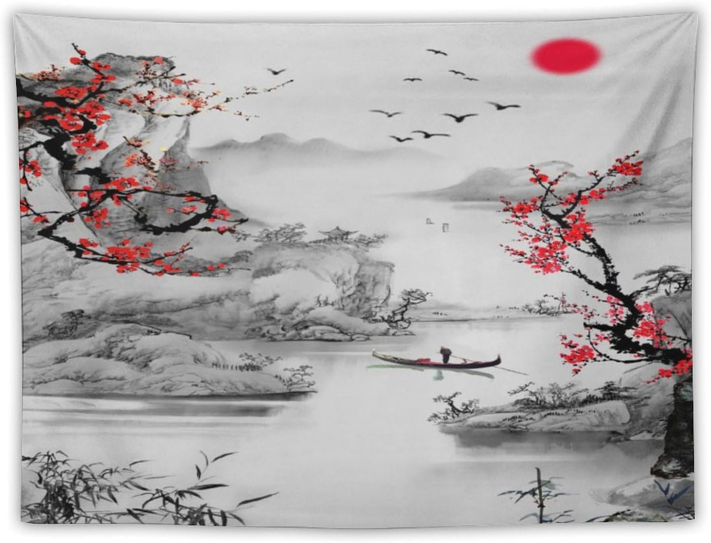 Cherry Blossoms Tapestry,Japanese Red Landscape Watercolor Abstract Art Tapestry,Asian Japanese Wall Tapestry, Nature Landscape Tapestries for Bedroom Living Room Decor 80"x60"