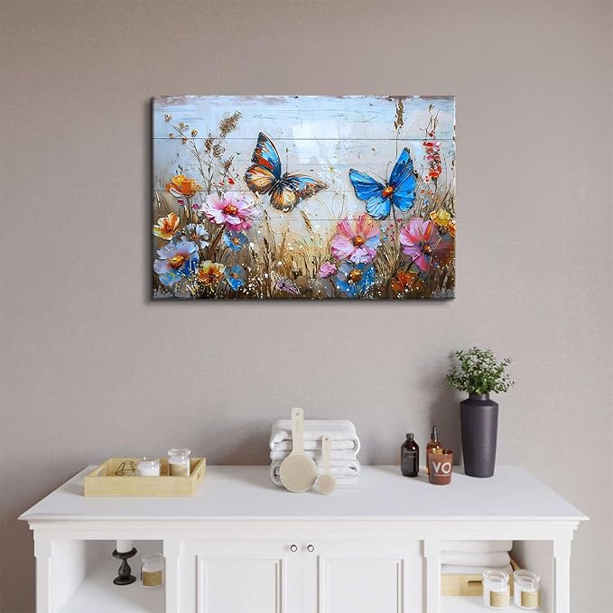 Butterfly Wall Art for Bedroom Colorful Wildflower Wall Decor Flowers Canvas Prints Pictures Farmhouse Bloom Floral Poster Abstract Nature Artwork Kitchen Living Room Home Decoration 16x24"