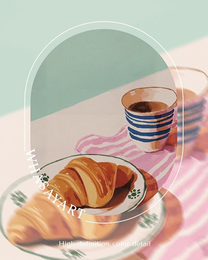 Framed Wall Art 12x16 Inch Coffee Cup and Croissant Canvas Print, Pastel Watercolor Breakfast Illustration Painting, Minimalist Modern Food Artwork Kitchen Dining Room Cafe Aesthetic Decor Gift