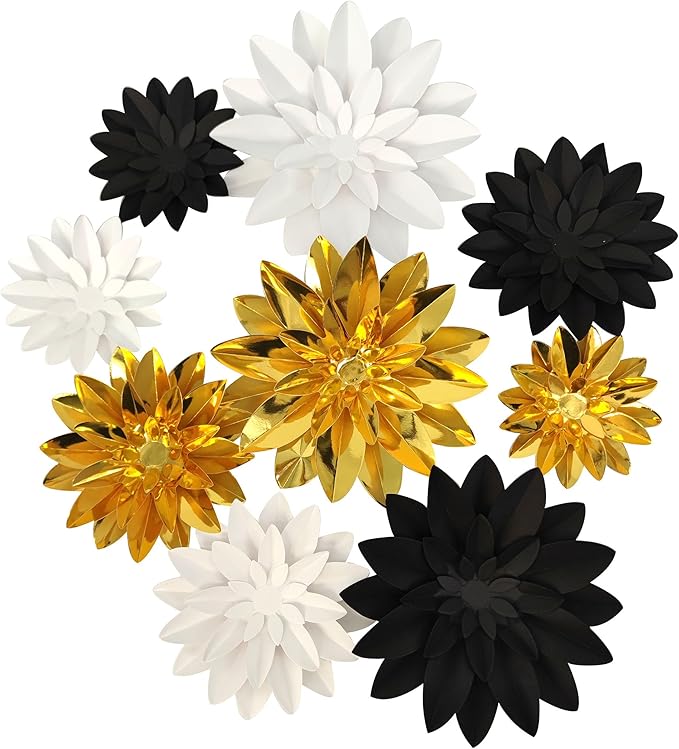 3D Paper Flower for Wall Wedding Backdrop Bridal Shower Party Centerpieces Home Wall Decor Pack of 9 (Black White Gold)