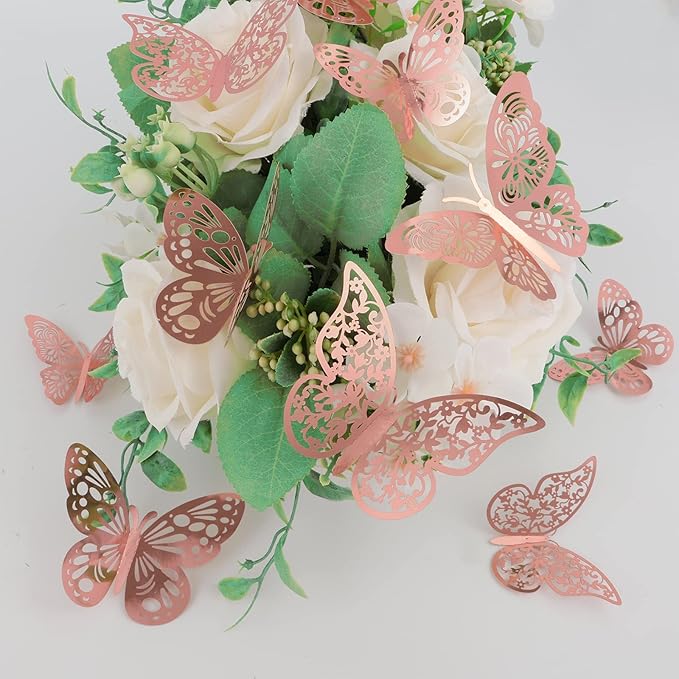72 Pcs Butterfly Wall Decor - 3 Styles, 3 Sizes, 3D Butterflies in Rose Gold - Wedding & Birthday Party Decorations for Girls' Bedroom