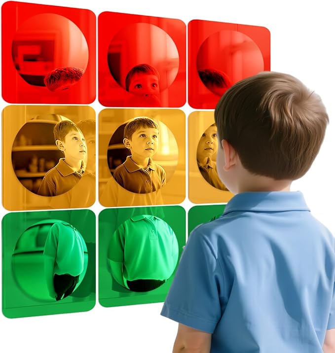 Geiserailie 9 Pcs Sensory Wall Mirror Acrylic Bubble Mirror Toys for Calming Corner Items - Sensory Room Have Visual, Tactile Stimulation (6 x 6 Inch,Red,Yellow,Green)