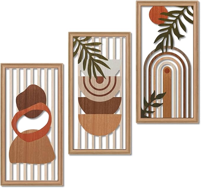 Putuo Decor Boho Wall Art Set of 3, Modern Minimalist Wooden Wall Decor, Abstract Aesthetic Room Decorations, Mid-Century Modern Artwork for Living Room, Bedroom, Office Orange 16.5 x 8.6 inch
