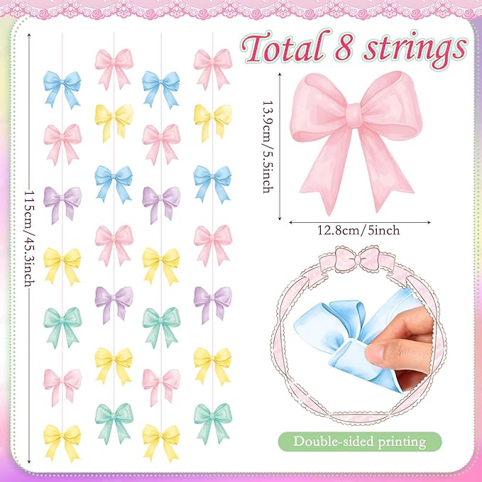 8 PCS Pastel Bow Classroom Decorations Bow Hanging Garland Banners Pastel Ribbon Streamer Paper Cutouts for Back to School Birthday Bridal Engagement Bachelorette Wedding Party Decor