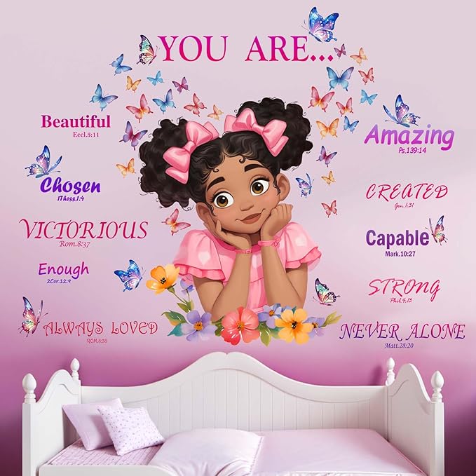 Bedroom Wall Stickers for Black Girls: Peel and Stick African American Butterfly Inspirational Wall Decals - Wall Art Decor Kids Supplies Ages 1-12 Year