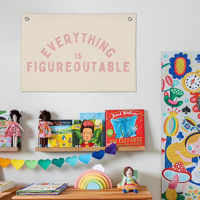 Everything is Figureoutable Inspirational Wall Decor, Motivational Classroom Wall Decor, Classroom Linen Canvas Banner Hanging Flag, 20x30 Inch - Pink