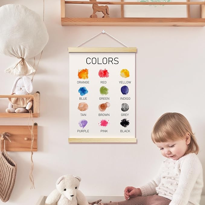 Colors Posters Hanger Frame for Classroom Learning Hanging Poster for Classroom Nursery Decor Educational Wall Art Decor for Preschool Kids Room Playroom Canvas Wall Art Print 16x12 Inches - YY059