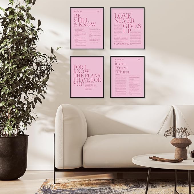Locomiss Pink Christian Wall Art Decor, Modern Bible Verse Prints, Minimalist Jesus Scripture Wall Decor, Pink Inspirational Bible Posters for Bedroom Office Living Room, Set of 4 (8x10 Unframed)