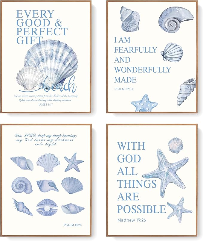 LARTSFRO Beach Ocean Blue Christian Bible Wall Art Decor Posters, Coquette Shells Christian Room Bathroom Bedroom Dorm Wall Art Decor Aesthetic for College Teen Girls Gifts, Inspirational Bible Verses Wall Decor, 10x8 Inch Set of 4 Pcs Summer Beach Pic...