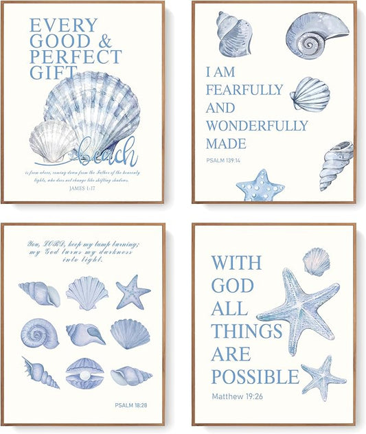 LARTSFRO Beach Ocean Blue Christian Bible Wall Art Decor Posters, Coquette Shells Christian Room Bathroom Bedroom Dorm Wall Art Decor Aesthetic for College Teen Girls Gifts, Inspirational Bible Verses Wall Decor, 10x8 Inch Set of 4 Pcs Summer Beach Pic...