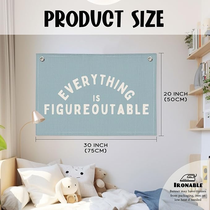 Everything is Figureoutable Inspirational Wall Decor, Motivational Classroom Decor, Classroom Wall Linen Canvas Banner Hanging Flag, 20x30 Inch - Blue