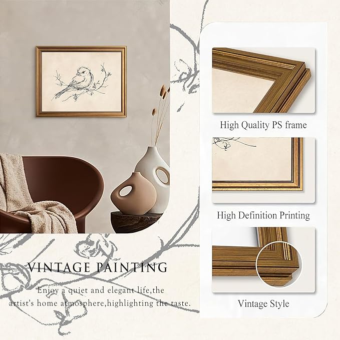 Aroutde Vintage Gold Framed Bird Printing Wall Art for Living Room, Minimalist Birds Sparrow on Branch Sketch Picture Wall Decor for Home Bedroom Apartment Decoration (16L''x12W'')