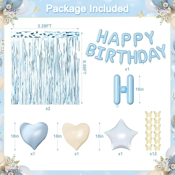 Blue Birthday Decorations, Dusty blue Sand White Confetti Foil Balloons Happy Birthday Banner Gold Butterfly Fringe Curtains, Light Blue Birthday Decorations for Boys Girls Women Men