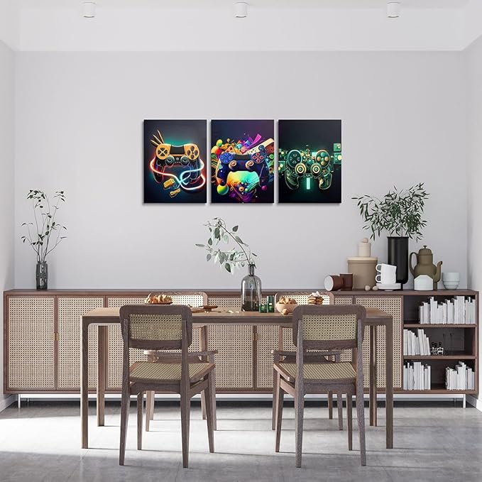 Feelyou Gamer Canvas Wall Art for Living Room - 12" x 16" 3-Piece Game Controller Picture Wall Decor Gaming Gifts Bathroom Office Wall Art Gamepad Artwork Posters Green Wall Painting