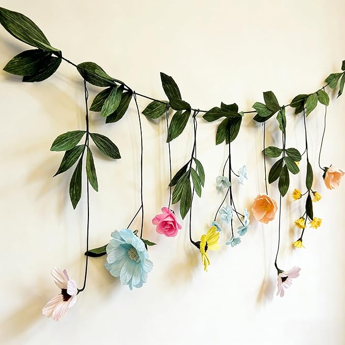 Handmade Wildflower Garland, Pastel Paper Flower Floral Wall Hanging Decor with Assorted Blooms for Home Decor, Wedding Backdrop, Party Decoration