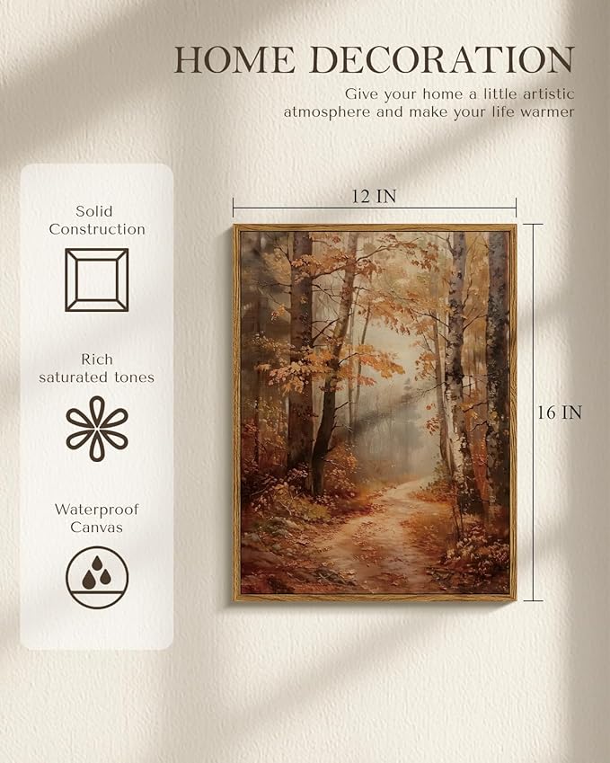 Autumn Forest Framed Canvas Wall Art 12x16 Trees Leaves Trail Artwork, Woodland Path in Fall Colors Landscape Print, Rustic Nature Forest Painting Farmhouse Bedroom Entryway Home Décor