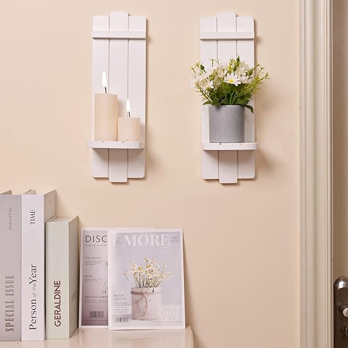 Sconces Wall Decor Set of 2, Candle Holder Rustic Home Farmhouse Art Floating Candle Sconces Shelf White Decorations for Living Room, Dining Room, Bedroom, Bathroom