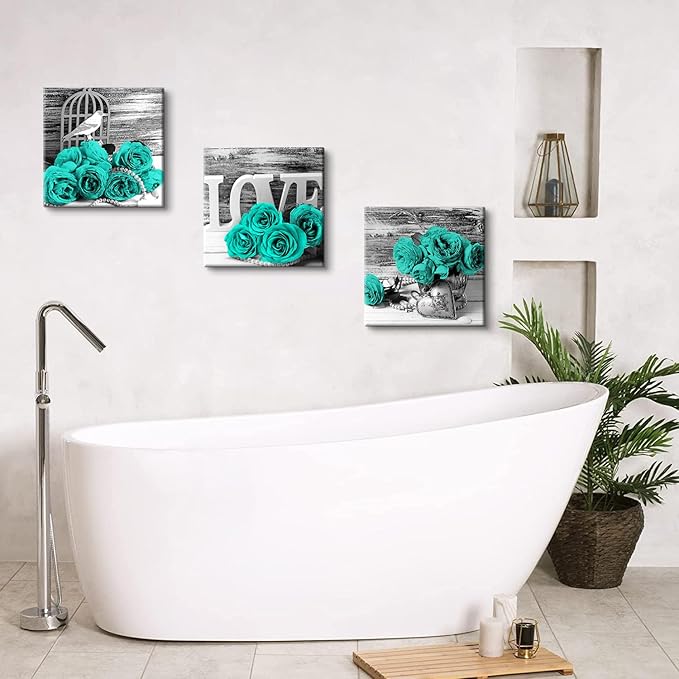 Turquoise Wall Art Teal Kitchen Wall Decor Black and Grey Rose Flower Pictures Bedroom Bathroom Accessories Floral Theme Canvas Prints Paintings Love Artwork Romantic Poster Home Decorations 16x16” 3P