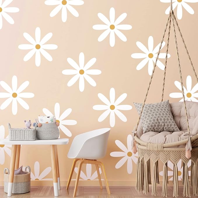 TaoBary 12 Sheet Daisy Wall Sticker Decal Removable Cute Daisy Bedroom Room Decor Flower Wall Sticker Pink White Flower Decal Wallpaper Peel and Stick for Nursery Home(White, Yellow,Fresh Style)