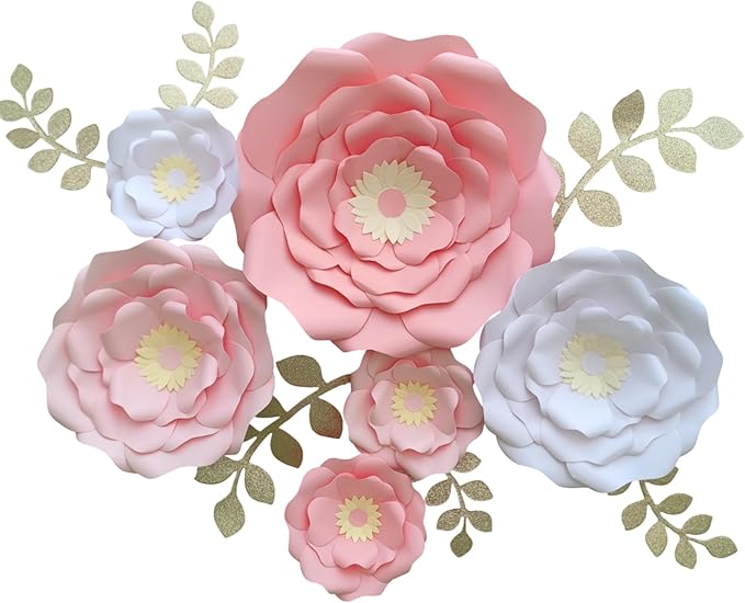 Blush Pink White 3D Paper Flower with Leaf for Nursery Wall Decorations Girl Baby Shower Nursery Decor Birthday Decorations 14 inch-6 inch Pack of 6