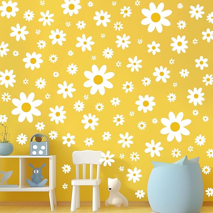 Daisy Wall Decal, 8 Sheets 96Pcs Daisy Flower Wall Stickers Peel and Stick White Flower Decals for Nursery Bedroom Home Wall Art Decorations