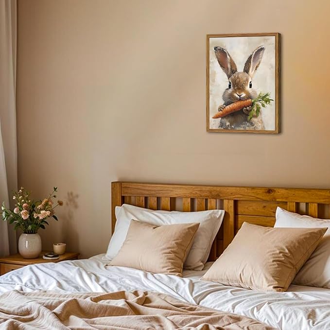 Framed Vintage Rabbit Canvas Wall Art, Cute Easter Bunny with Carrot Pictures Wall Decor, Spring Farmhouse Animal Paintings Prints Cottagecore Home Decor for Living Room Kitchen Nursery 16x24 inch