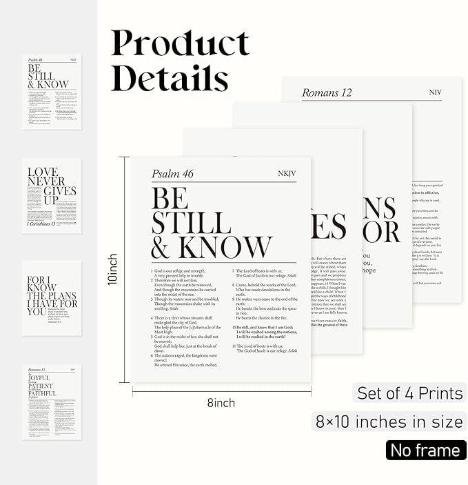 Locomiss Black and White Christian Wall Art Decor, Modern Bible Verse Prints, Minimalist Jesus Scripture Wall Decor, Inspirational Bible Posters for Bedroom Office Living Room, Set of 4 (8x10 Unframed)