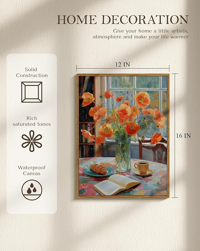 Vintage Framed Wall Art 12x16 Inch Floral Canvas Print with Poppy Flowers, Still Life Oil Painting Coffee Cup and Open Book Artwork, Aesthetic Living Room Bedroom Dining Room Farmhouse Decor Gift