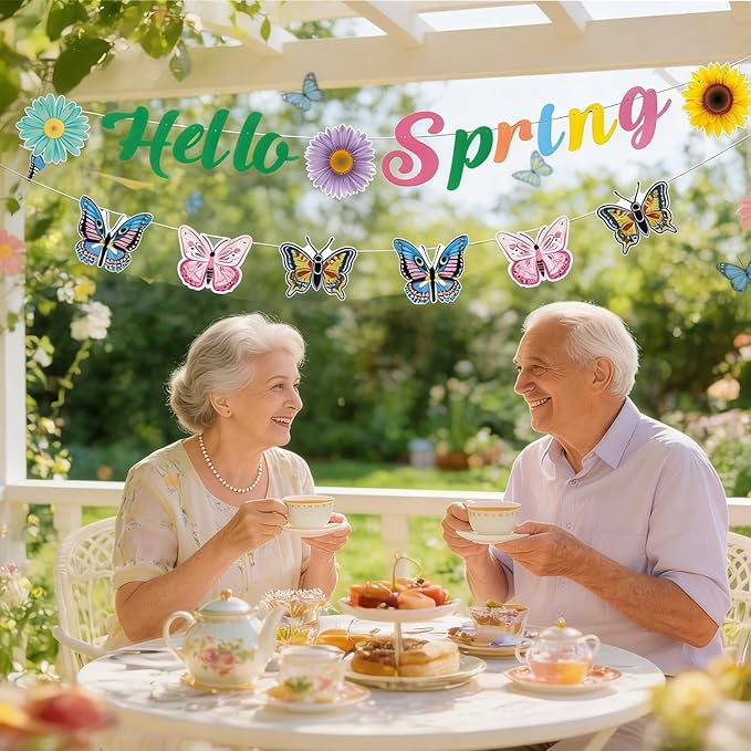 Hello Spring Banner and Butterfly Garland Set Spring Classroom Decor, Garlands for Mantle & Home Decor, Colorful Floral Butterfly Spring Banner for Party, Classroom, Mantel, Wall & Porch Decor
