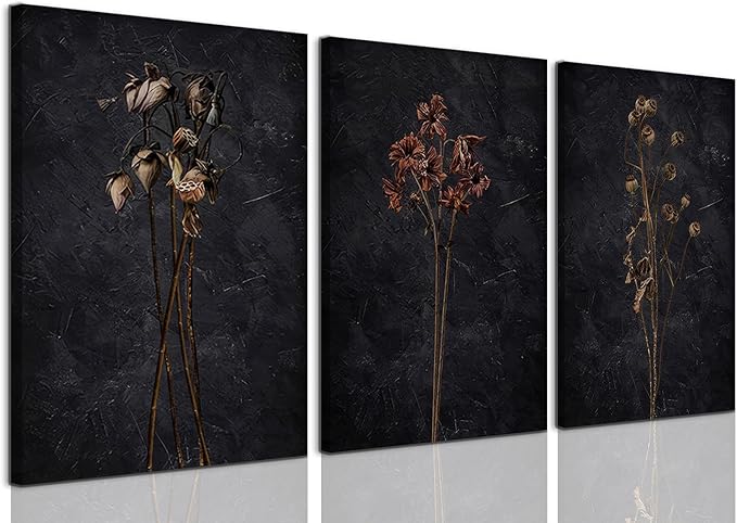 LYPHNX Framed Dark Moody Wildflowers Canvas Wall Art Black Vintage Dried Floral Wilderness Botanical Painting Poster Set of 3 Nature Prints Picture Wall decor for Living Room Bedroom Office 12"x16"