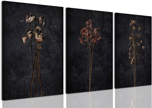 LYPHNX Framed Dark Moody Wildflowers Canvas Wall Art Black Vintage Dried Floral Wilderness Botanical Painting Poster Set of 3 Nature Prints Picture Wall decor for Living Room Bedroom Office 16"x24"