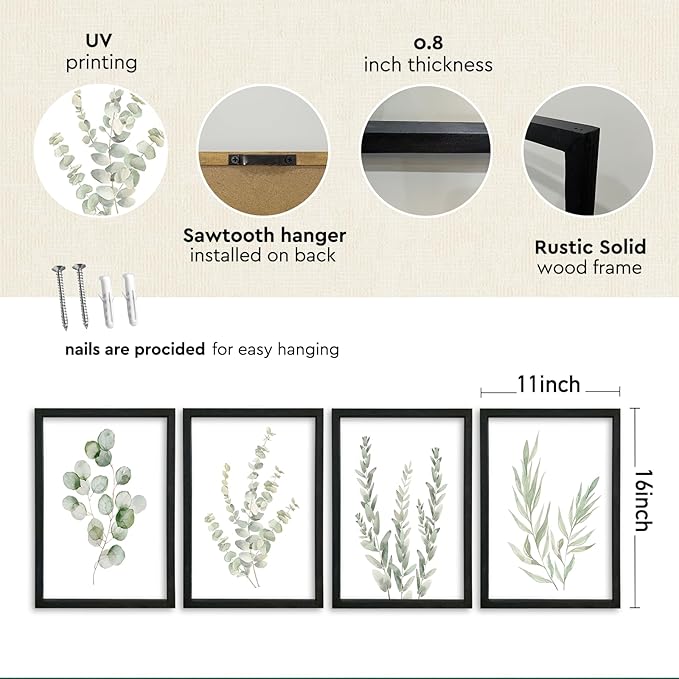 YWJKWLGS Botanical Watercolor Prints Sign Sage Green Eucalyptus Wall Decor 11x16 Inch Set of 4 Minimalist Wood Framed for Bathroom Laundry Room Office Wall Hanging Art (Black)