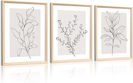 HesenDot 12x16in Botanical High Framed Wall Art Set of 3, Minimalist Line Drawing Plant Canvas Prints, Neutral Modern Nature Wall Decor for Living Room Bedroom Bathroom Office